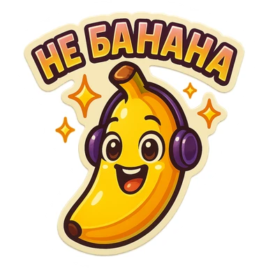 Funny cartoon banana, big happy smiling face, wearing tiny headphones, wide excited eyes, tiny sparkles around, text above: "НЕ БАНАНА ", chibi style, Twitch emoji style, colorful, transparent background sticker