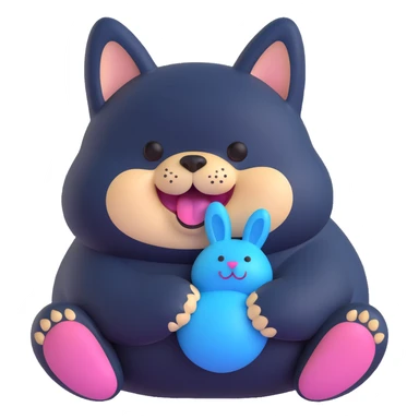 smiling overweight black shiba inu, gripping fluffy blue bunny toy in mouth, cheesy aroma vibe sticker