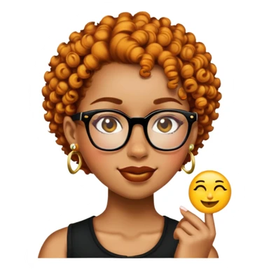 Add a gold nose piercing, gold septum piercing, and gold earrings to the light skin black woman with short ginger curly hair and glasses, winking, in emoji style. sticker