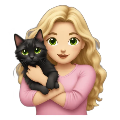 woman with green eyes and long wavy blonde hair in a pink shirt is holding a very fluffy and fat black and tortoiseshell cat sticker