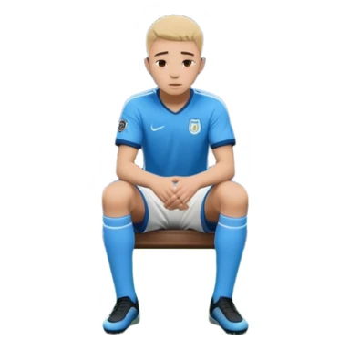 Lonely soccer player sitting on bench at night, head down, empty stadium, cold blue lighting, cinematic, emotional, realistic sticker