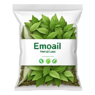small plastic pack with green dried herbal leaves which are clumped together  sticker