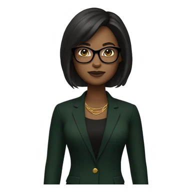 memoji, a woman with dark brown shoulder-length hair, wearing black glasses, dark skin,green and gold earrings, a black blazer over a black top sticker