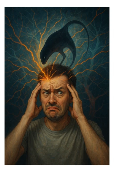 Uomo con espressione confusa e sbalzi emotivi visibili sul volto, in un ambiente surreale. Un'ombra astratta o un parassita trasparente (Toxoplasma gondii) si insinua nel cervello, con linee energetiche che influenzano le emozioni. Sfondo neurologico, atmosfera tesa, simbolismo mentale e parassitario. sticker