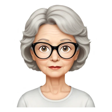 white older woman, about 65 years old, light warm skin, wide face, black wavy neck-length 80s short hair, low volume, neutral expression, large black shiny butterfly or cat-eye glasses, white casual t-shirt sticker