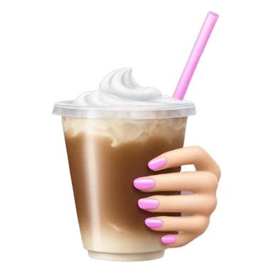 white left female hand with long pink nails clutching iced  coffee sticker