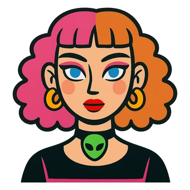 girl with blue eyes, pink makeup, narrow eyebrows, earrings, green alien head choker, black and pink blouse, curly hair to shoulders, hair half hot pink and half ginger, short straight baby bangs sticker
