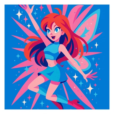 Winx Club Bloom, magical transformation, sparkling effects, blue and pink color palette, dynamic pose sticker