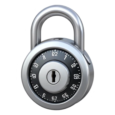 Shiny round metallic combination lock with rotating numbered dial at the center and a curved heavy shackle on top – symbol of security, access control, and protection sticker