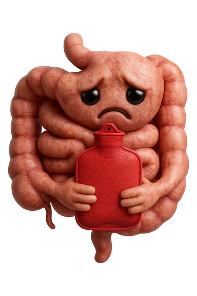 emoji stile iphone di un intestino che si tiene la borsa dell'acqua calda al centro, espressione di tristezza in volto, iperrealistico 4k sticker