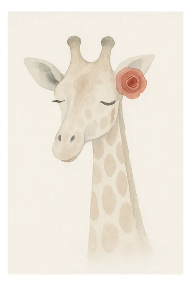 a whimsical giraffe with a red rose behind her ear, soft painterly style sticker