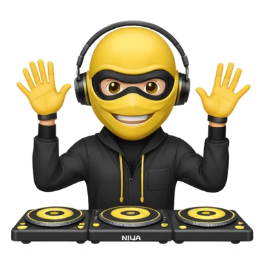 Make a customized yellow head emoji with hands and holding a dj turn table  in a  ninja face mask sticker