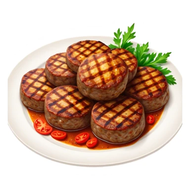 Cinematic Realistic image of Turkish Köfte, presented as perfectly formed, spiced meat patties with detailed textures and subtle grill marks, arranged artfully on a simple plate and illuminated by warm, appetizing lighting that accentuates their savory appeal. sticker