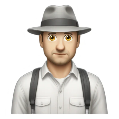 tim robinson wearing a grey fedora white shirt only looking scared and sad facing left - fabric attached to back of hat covering neck sticker