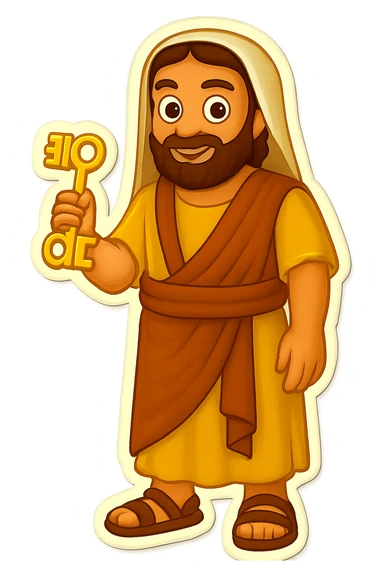 Make the colors even lighter and more saturated, matching the classic emoji yellow skin and bright robe style. Keep the sleeveless shirt and plain robes. Fullbody apostle Peter holding keys with full beard and intricate clothing, standing, no background. sticker