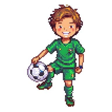 cheerful 9-year-old boy in 2nd grade playing soccer joyfully, smiling and kicking a ball, pixel art style sticker