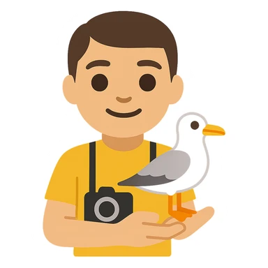 Minimalist emoji-style illustration of a smiling photographer holding a seagull in their hands and a camera around the neck. Simplified, clean lines, vibrant colors, small size sticker