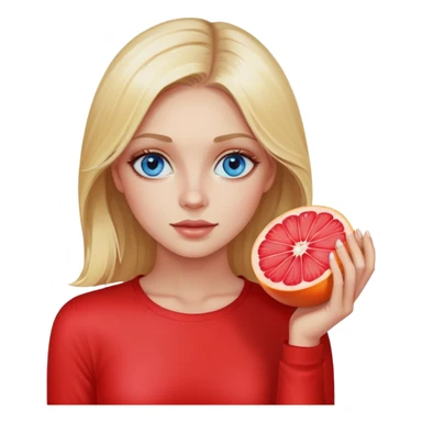 Beautiful blonde with blue eyes holds a cut piece of grapefruit instead of an eye, wearing a red long sleeve sticker