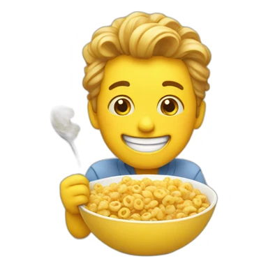 Silly yellow emoji happily eating cereal sticker