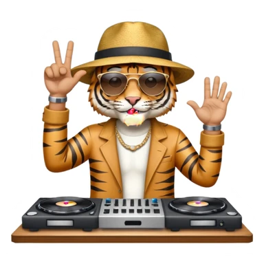 Un tigre con sombrero estilo cubano, una mesa de dj y gafas de sol. Una mano en la mesa de dj y la otra mano señalando al cielo a Dios. La otra mano encima de la mesa de dj por favor  sticker