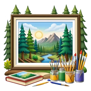 forest where trees a painting brushes, paints, pencils, books sticker