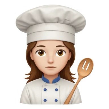 Long brown hair, serious, wearing chef uniform and chef hat sticker
