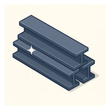 Create an isometric 3D view of three long steel I-beams, two positioned on the bottom and one on top, with metallic shine, matching the style and perspective of the reference image. sticker