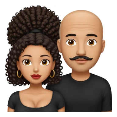A picture of a tanned couple. the man is a Mexican man with tanned skin, black hair, a bald hair cut, short beard and wearing a black shirt. the woman is mixed, with curly medium length hair, with big boobs and lips  sticker