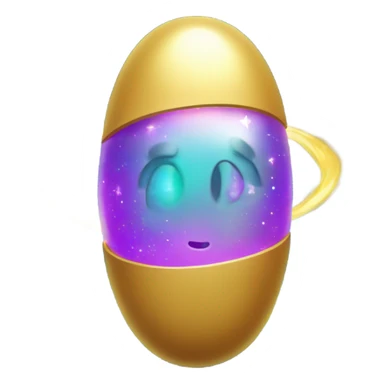 A glowing magical pill emoji with a golden outline and a swirling galaxy inside it. Tiny stars and planets orbit around it, and the background is a deep space scene with colorful nebulae. sticker