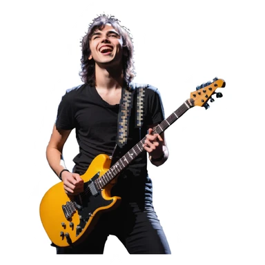 Rockstar musician with a confident smile looking up, electric guitar, stage lights, performing sticker