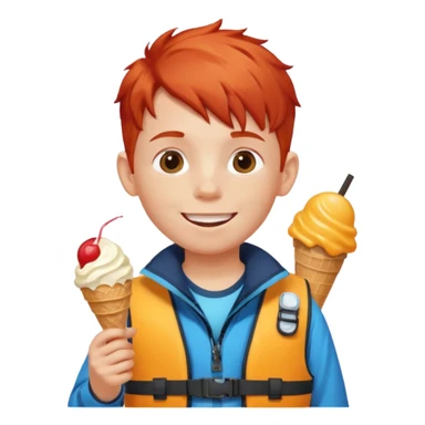 boy kid red haired wearing lifejacket, eating ice cream, sun sticker