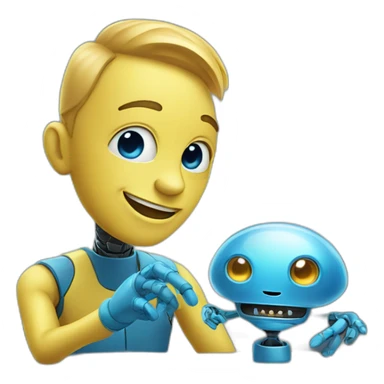 a blue smiling alien with a robot touch sticker