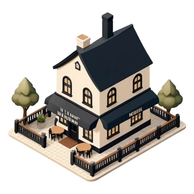 Isometric exterior little black, beige, and white mountain restaurant and pub, dollhouse style 3D realistic  sticker