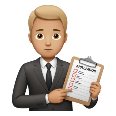 Man looking sad while holding a clipboard with a checklist that has a heading that says job application  sticker