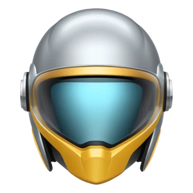 A futuristic helmet emoji made of silver chrome, smooth aerodynamic shape, minimal visor detail, reflective metallic surface, sci-fi aesthetic, iOS emoji style, centered on clean white background sticker