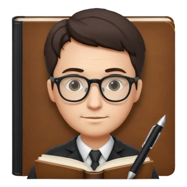 writer holding big pen in hand and book in other hand, wearing glasses sticker