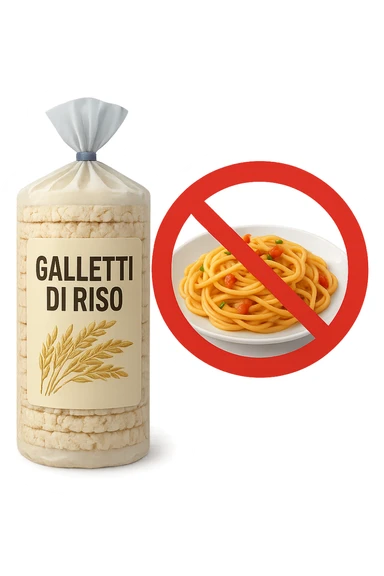 confezione di gallette di riso con accanto un piatto di pasta con divieto sopra, in italiano,  realistici sticker