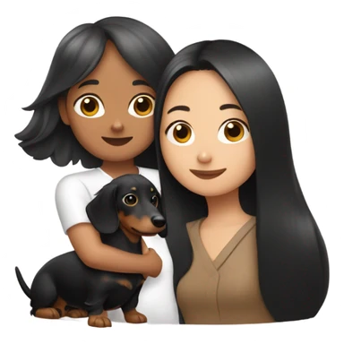an Asian girl with long hair, hugging a black and tan long haired dachshund with a branch in its mouth sticker