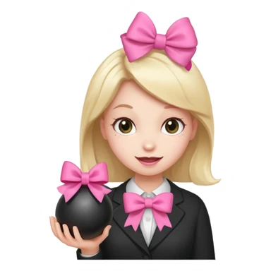 A happy face holding a bomb and the bomb has a cute pink bow sticker