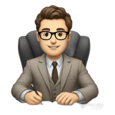 Pale skinned Fit Man With dark brown hair in gray jacket, beige office shirt, Brown pants and vintage glasses sitting In a soft chair with a notebook on spring with emblem Ψ and a pen sticker
