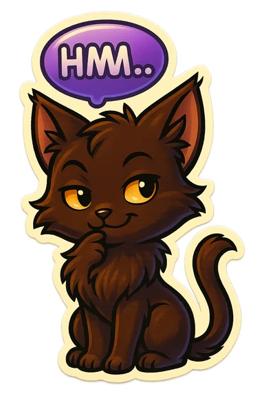 a dark-brown fluffy cute kawaii anime cat with tufted ears and a long thin tufted tail, thinking, smirking thoughtfully, saying “Hmm..” with a purple speech bubble, (cartoon style) (furry style) (deviantArt style) (artist style: Kamirah) sticker