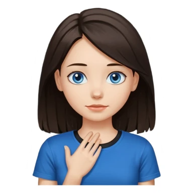 Girl with dark brown hair thats about shoulder lenght with blue eyes putting two hands on their neck in a black tshirt sticker