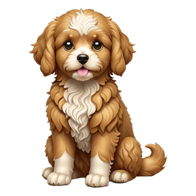 cinematic-[cavoodle dog]-realistic-full-body-sitting-emoji,-tail-resting-loosely-beside-its-paws,-head-tilted-dramatically,-very curly-[solid golden]-fur,-simplified-yet-realistic-focused-features,-highly-detailed,-glowing-with-an-almost-sarcastic-glow sticker