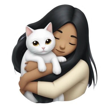 girl with very long black hair and  hugging a white cat sticker