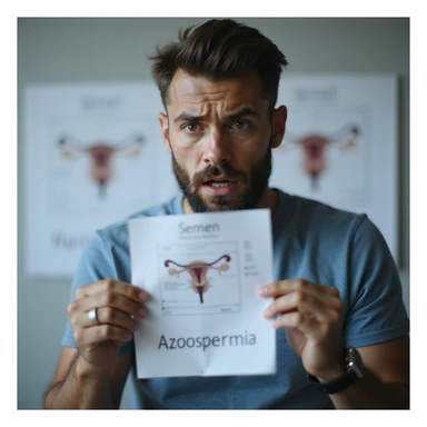 hyperrealistic 4K close-up of a man in his 30s staring at semen analysis results with 'azoospermia' written in bold, hands trembling, anxious and shocked expression, urologist's office with fertility diagrams on wall, clinical atmosphere sticker