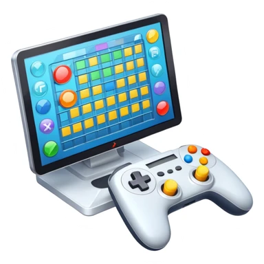 Icon for Game Design: a computer screen with a game interface, game controller, and design elements like a grid and 3D models. Transparent background. sticker