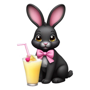 Cute Black rabbit, with big ears, wearing a pink bow, holding a pina colada sticker