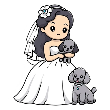 A beautiful girl with long black hair in a wedding dress holds a small gray poodle sticker