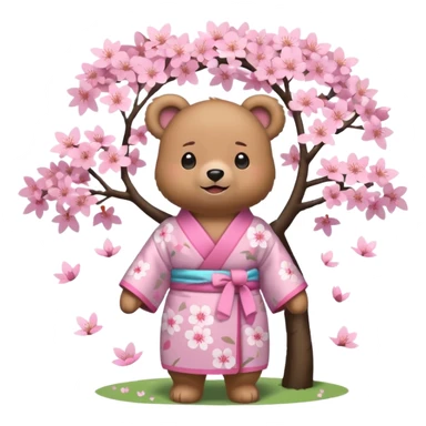 A cute light-brown bear wearing a pastel pink sakura-patterned kimono, normal balanced body ratio.  
Standing under a blooming sakura tree, looking up at falling pink petals with a soft amazed smile.  
Kawaii emoji style, minimalistic clean sticker illustration, simple scenic background. sticker
