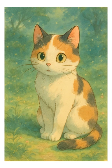 calico cat, soft and whimsical, ghibli style sticker